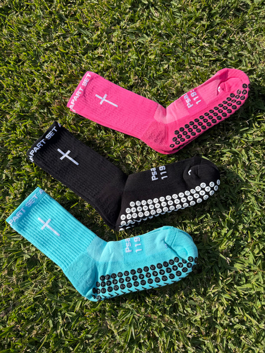 Aqua Blue Grip Socks with SMALL White Cross