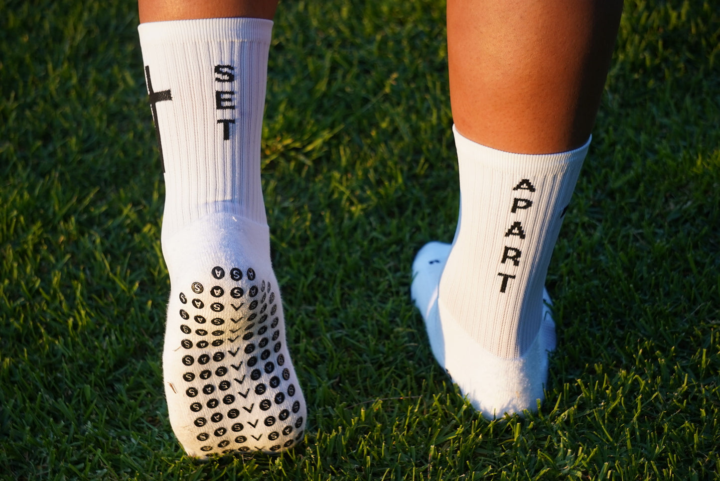 White Signature Grip Socks with SMALL cross