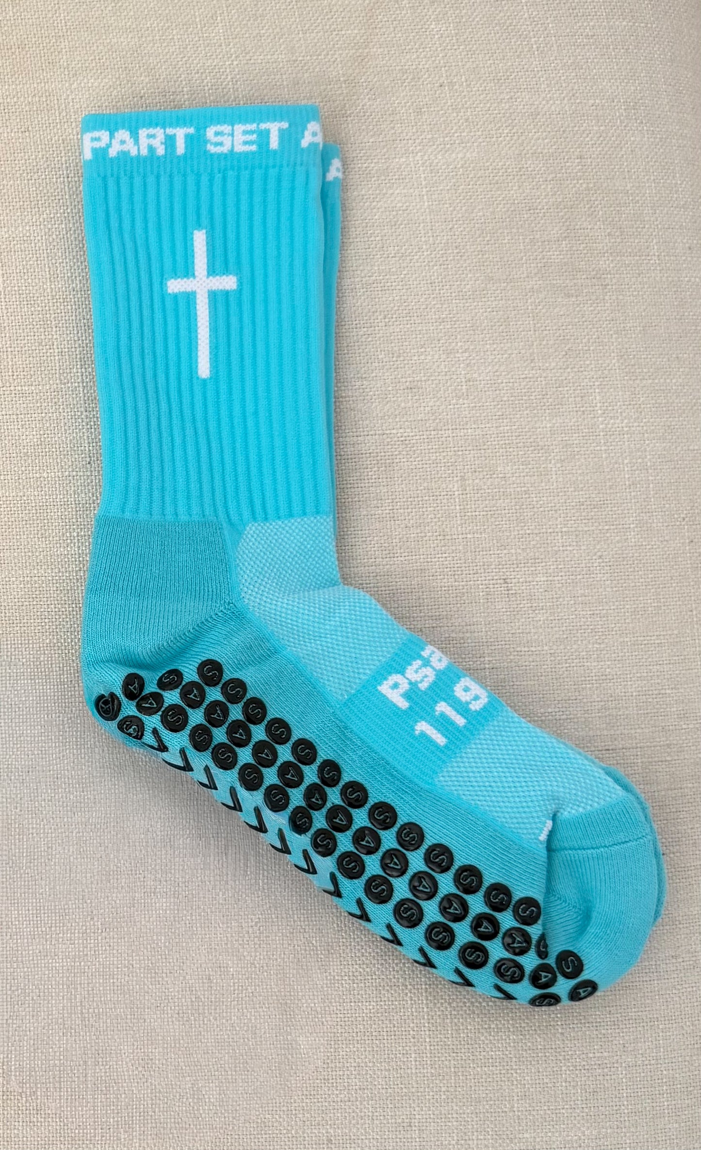Aqua Blue Grip Socks with SMALL White Cross