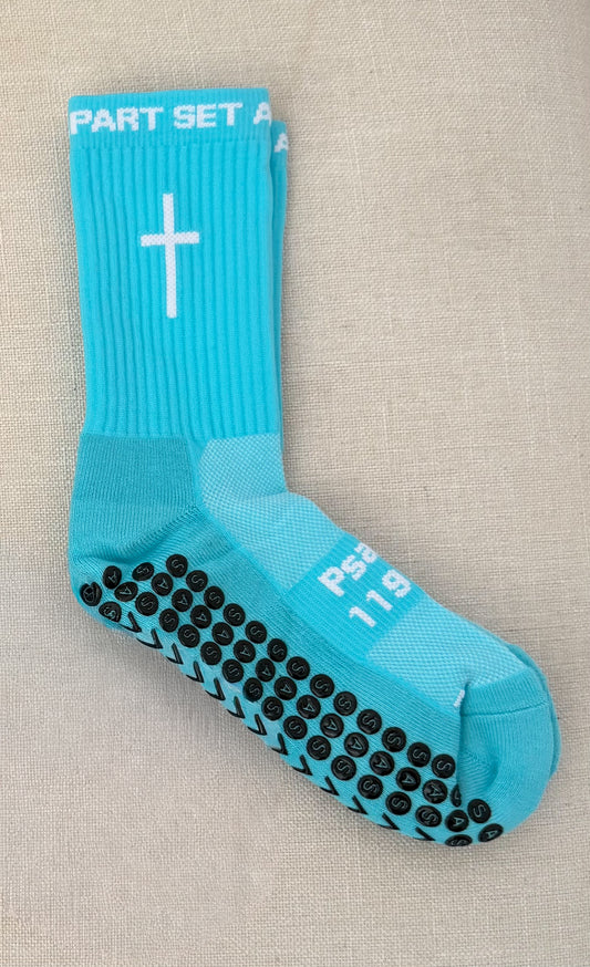 Aqua Blue Grip Socks with SMALL White Cross