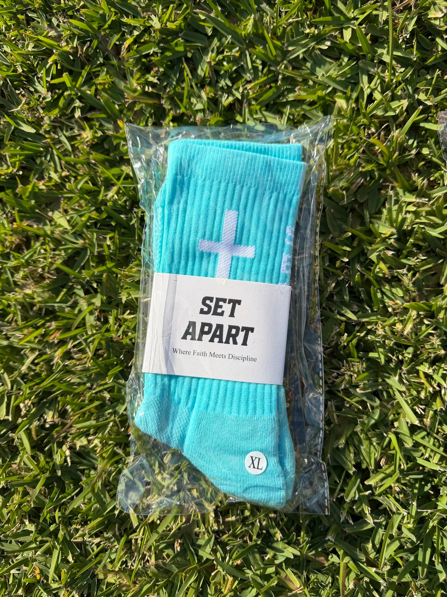 Aqua Blue Grip socks with LARGE CROSS